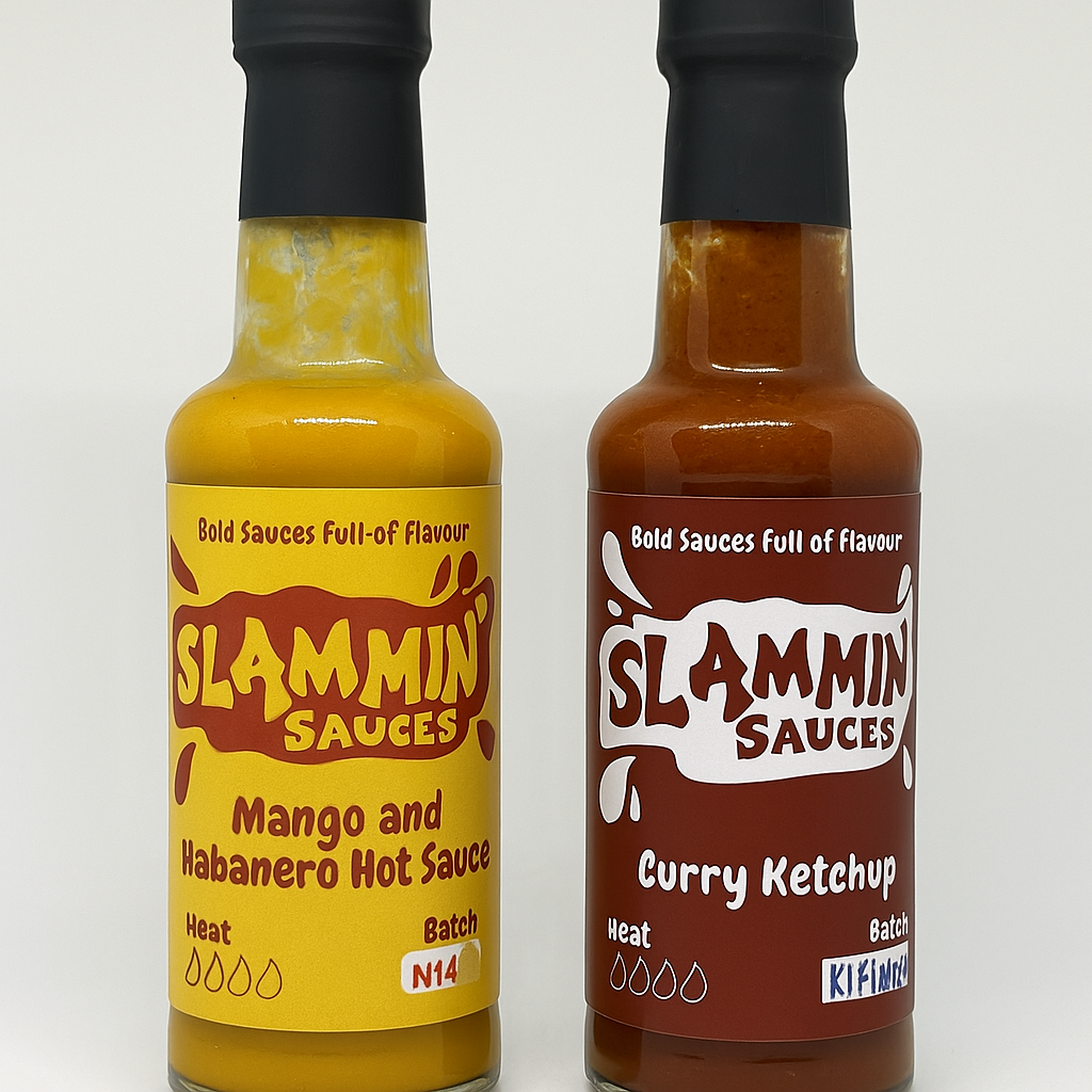 A bottle of Mango and Habanero sauce on the left and curry ketchup on the right